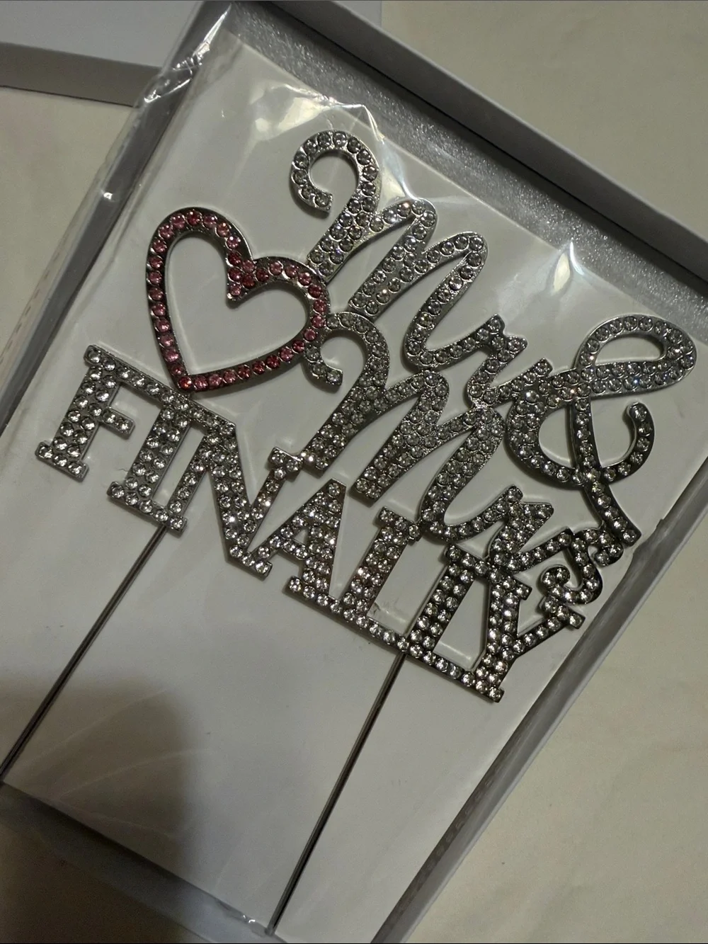 Silver 'Mr & Mrs Finally' Cake Topper with Pink Heart Accent